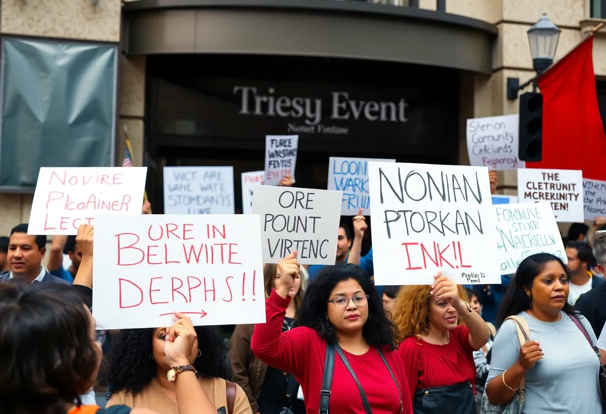 Protesters outside Huntsville event holding signs