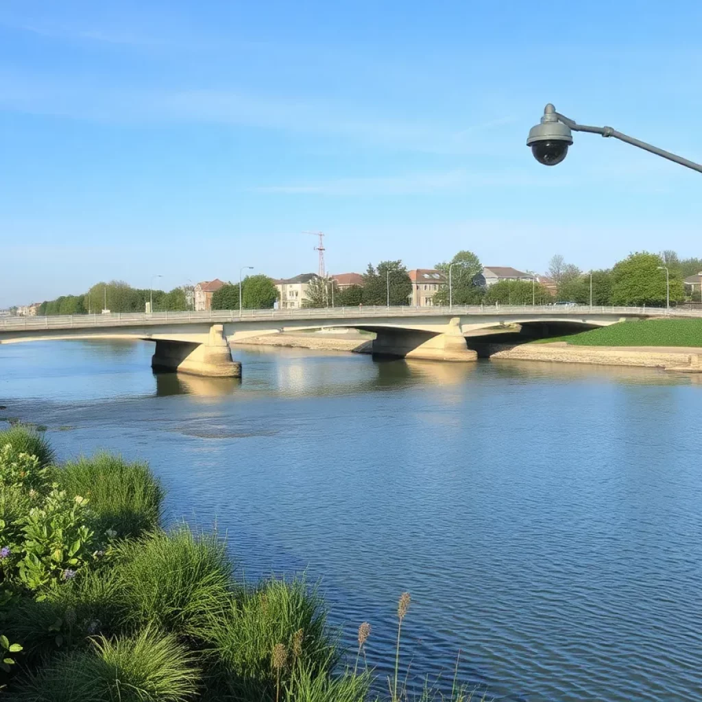 Serene river scene near a bridge in Huntsville.