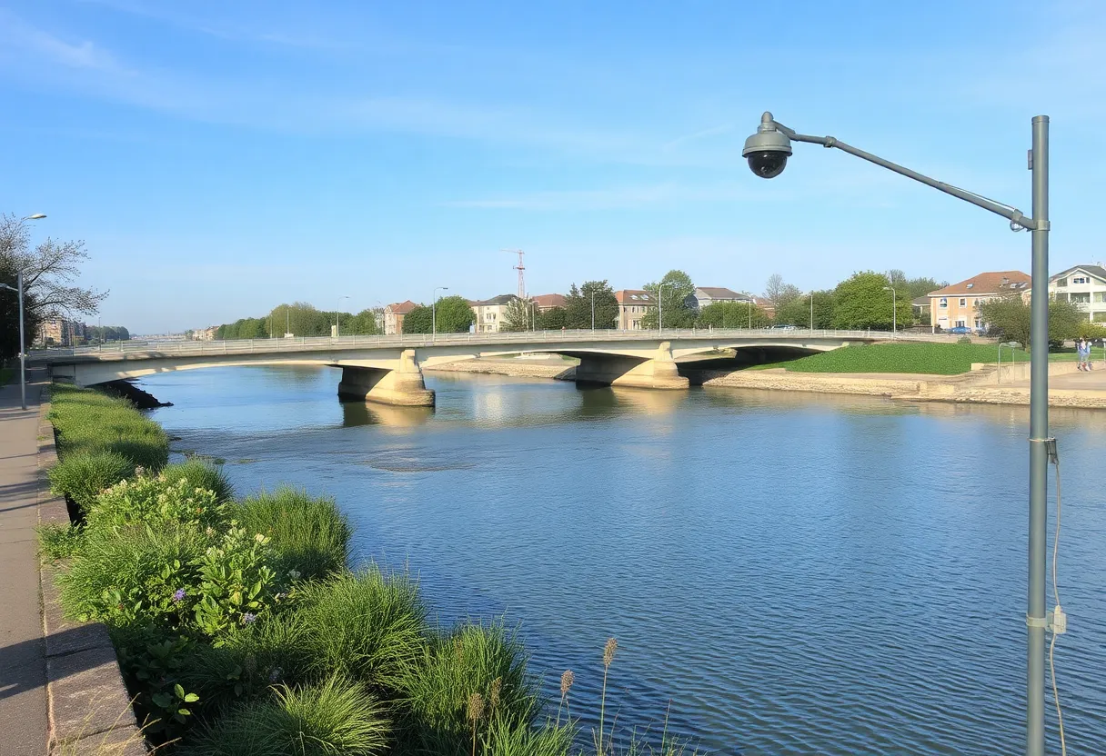 Serene river scene near a bridge in Huntsville.
