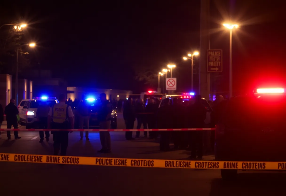 Police lights and perimeter setup at a shooting scene in Huntsville