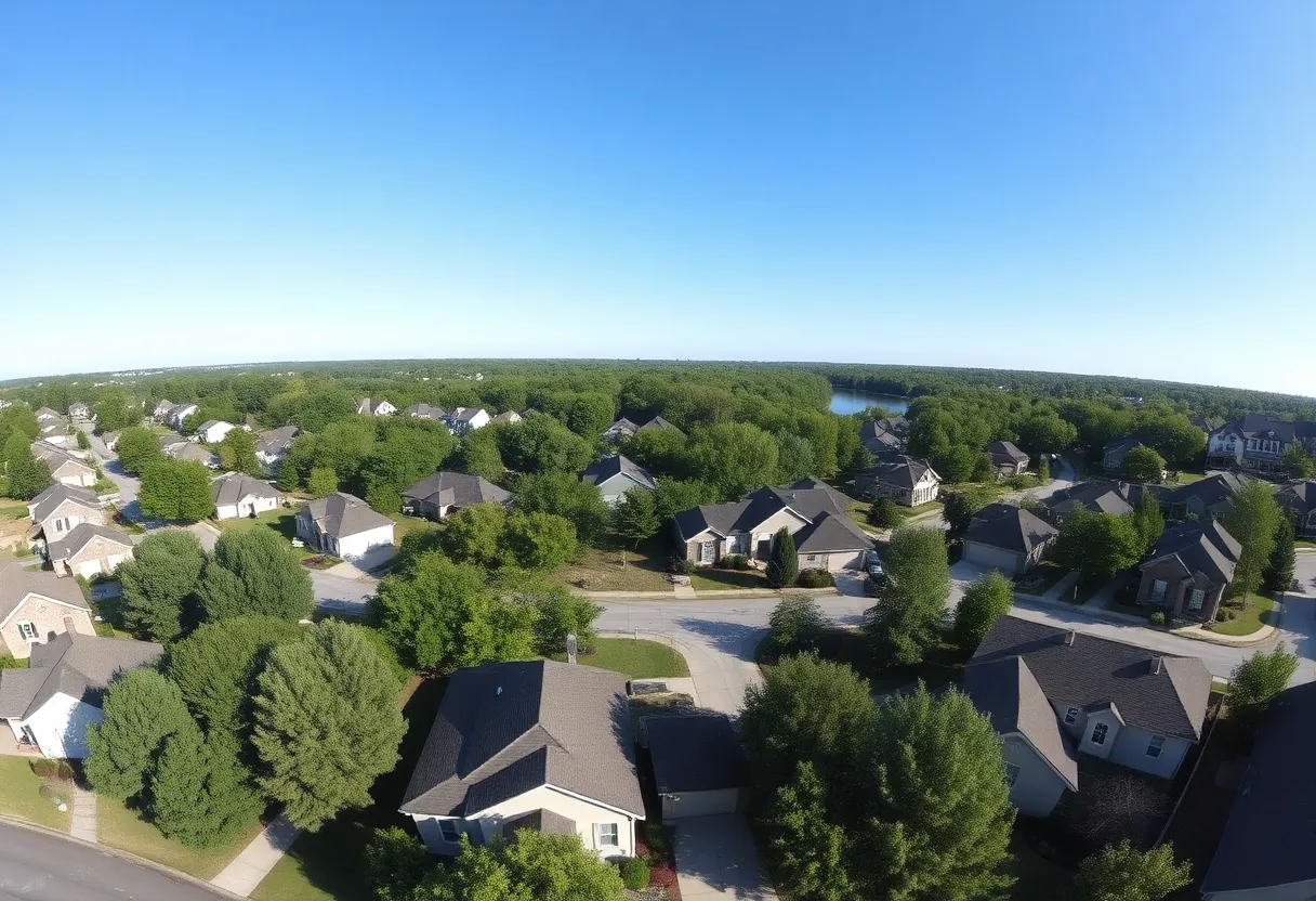 Panoramic view of a suburban area in Huntsville with houses and green trees
