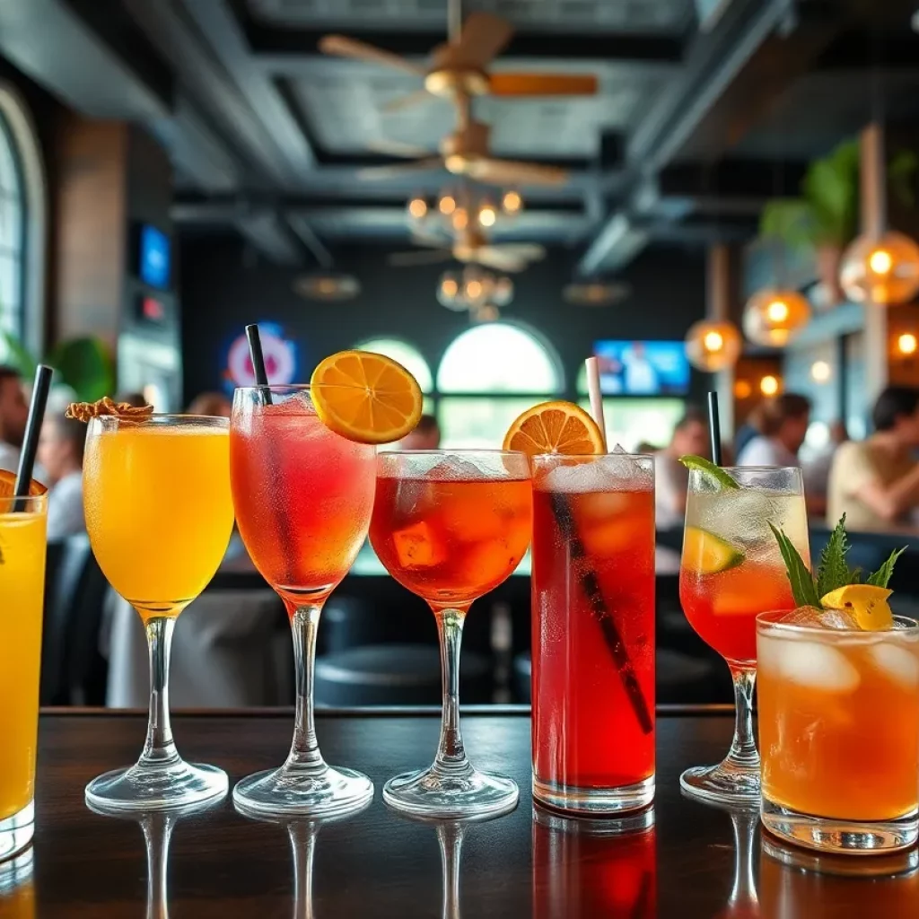 A variety of summer cocktails served in a lively Huntsville bar.