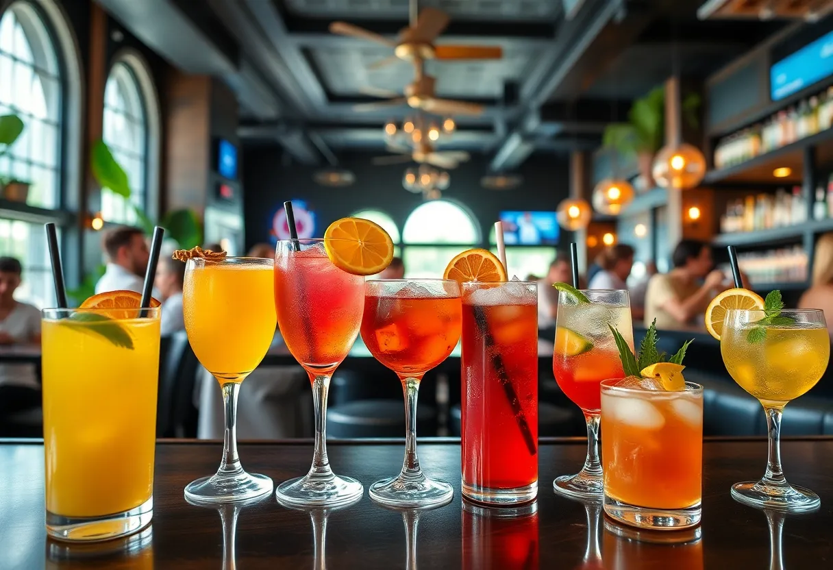 A variety of summer cocktails served in a lively Huntsville bar.