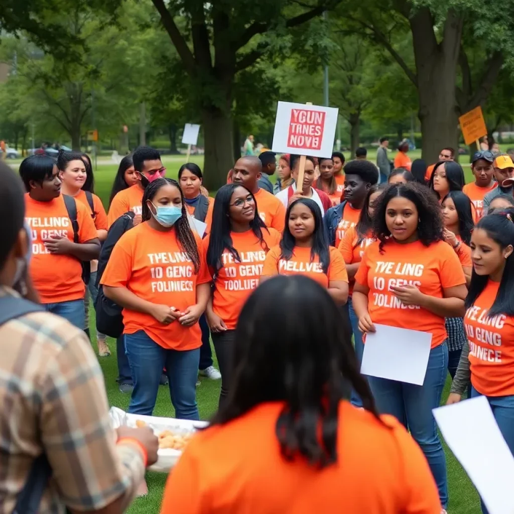 Participants rallying in Huntsville against gun violence wearing orange shirts.