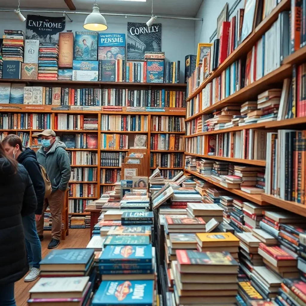 People exploring used book sales in a cozy bookstore.