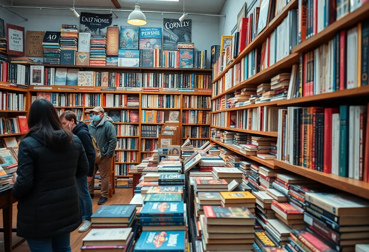 People exploring used book sales in a cozy bookstore.