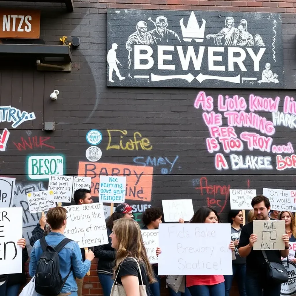 Graffiti and protest signs outside a brewery in Huntsville