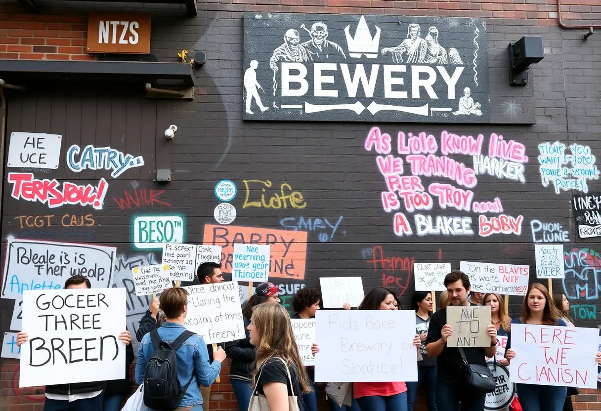 Graffiti and protest signs outside a brewery in Huntsville