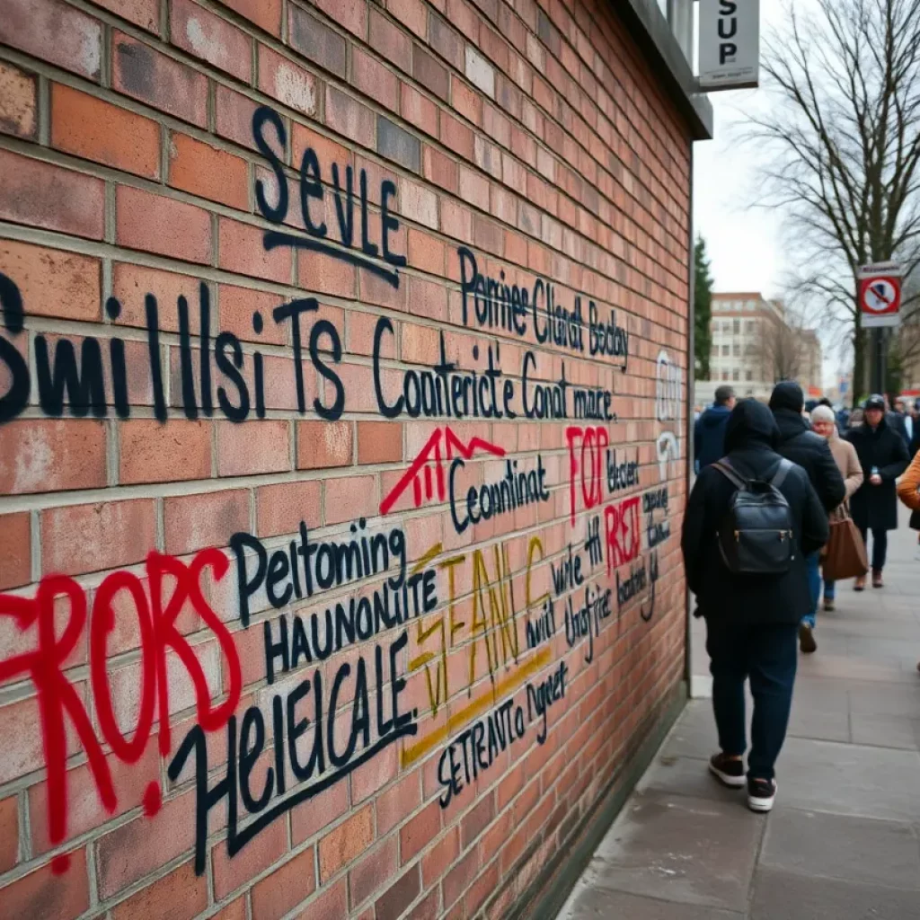 Graffiti with political messages on a brick wall in Huntsville, Alabama.