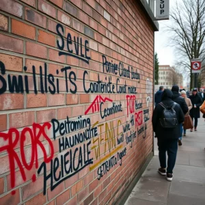Graffiti with political messages on a brick wall in Huntsville, Alabama.