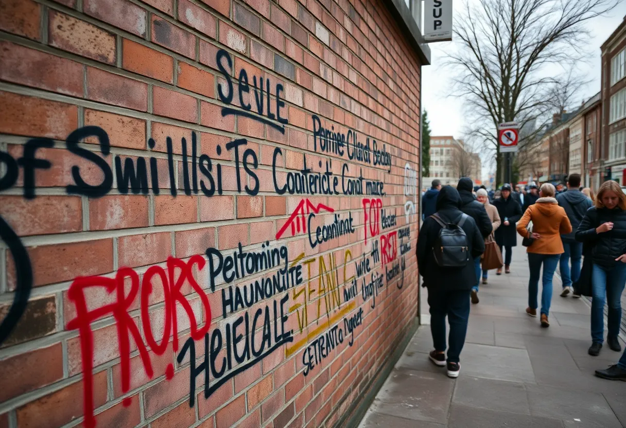 Graffiti with political messages on a brick wall in Huntsville, Alabama.