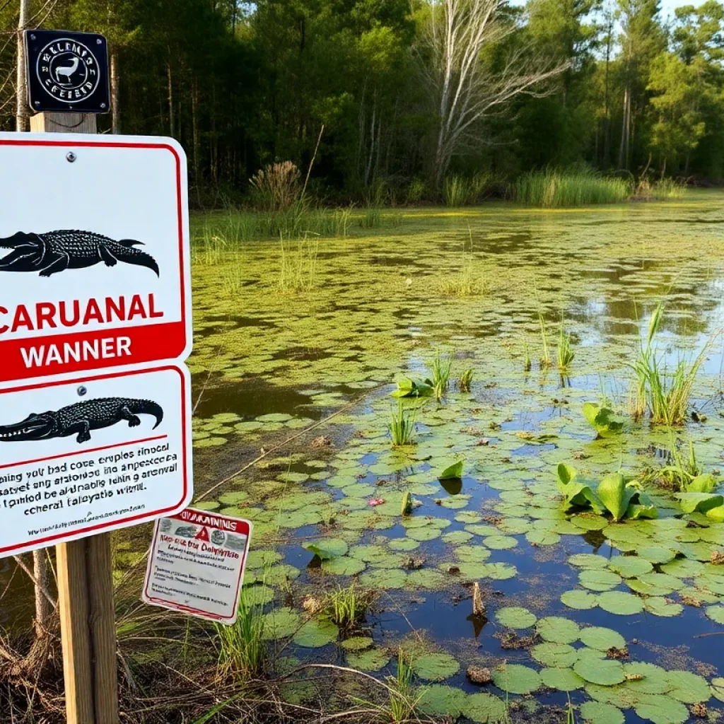 Wetlands in Huntsville, Alabama, featuring signs warning about nearby alligators.