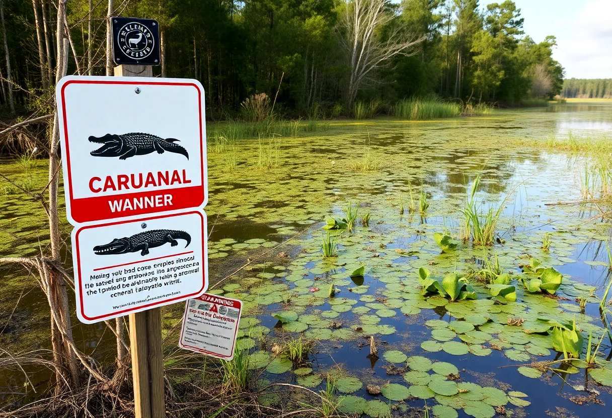 Wetlands in Huntsville, Alabama, featuring signs warning about nearby alligators.