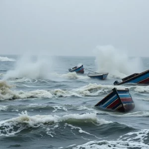Capsized boats on Lake Tahoe during a storm