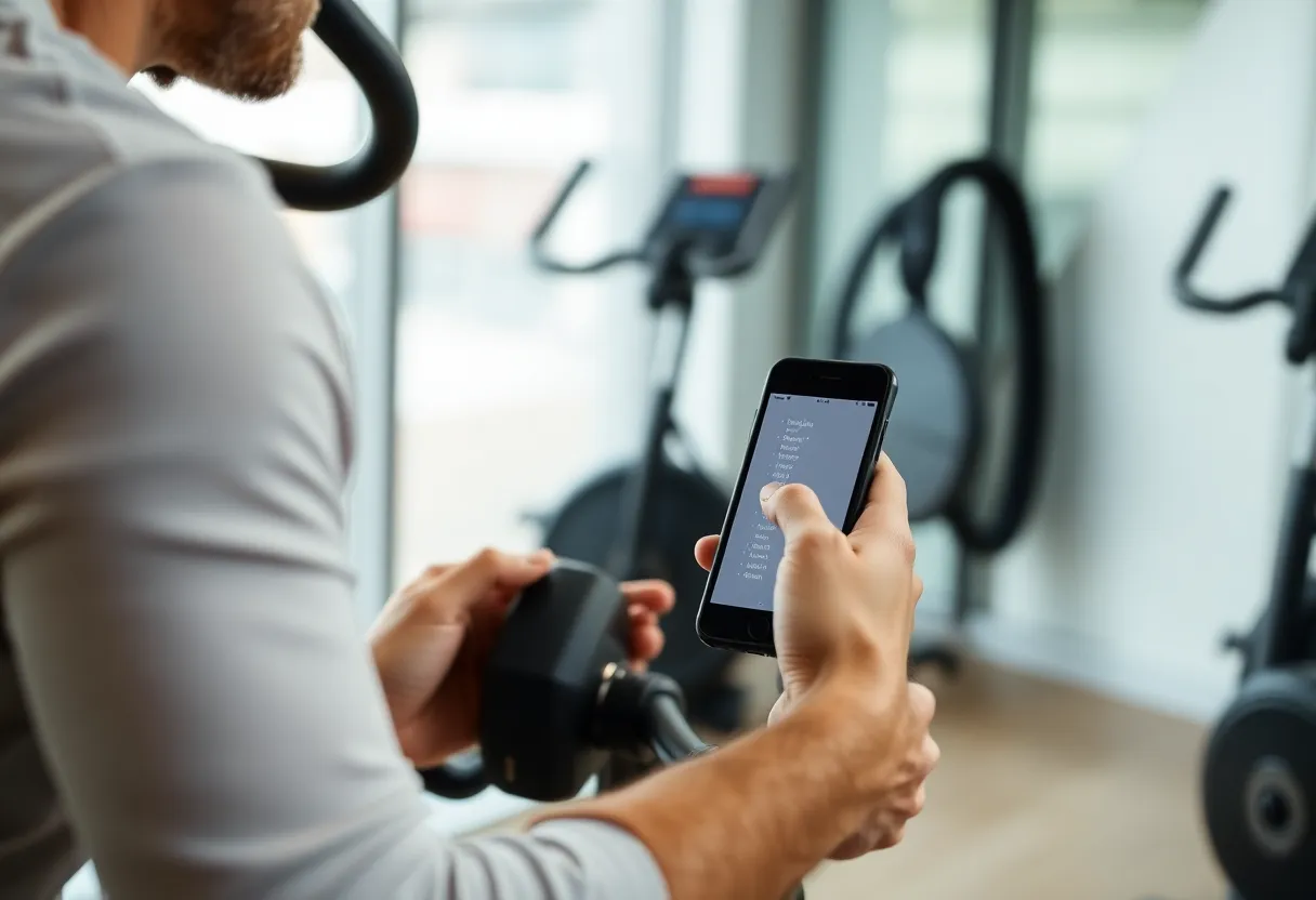 Individual exercising while learning a new language on a smartphone app