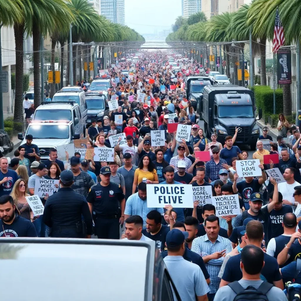 Crowd protesting in Los Angeles with police and military presence.