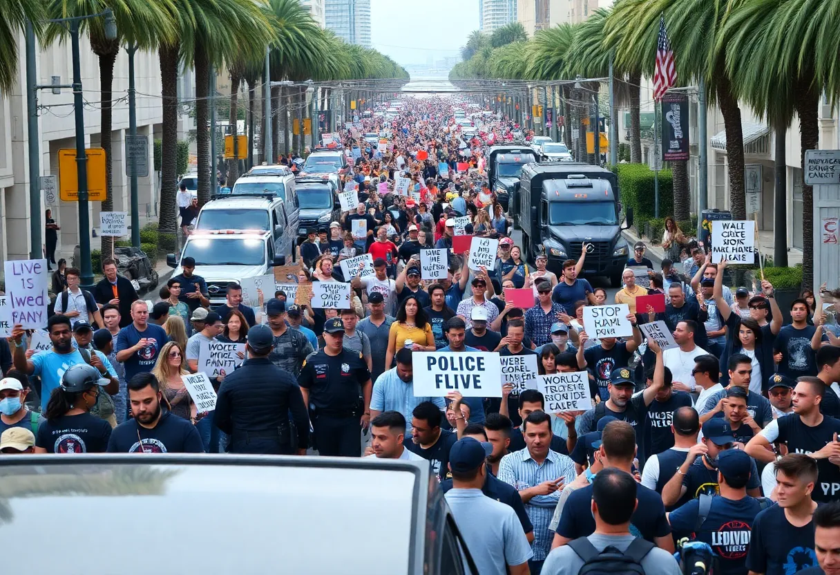Crowd of protesters in Los Angeles rallying for immigration rights.