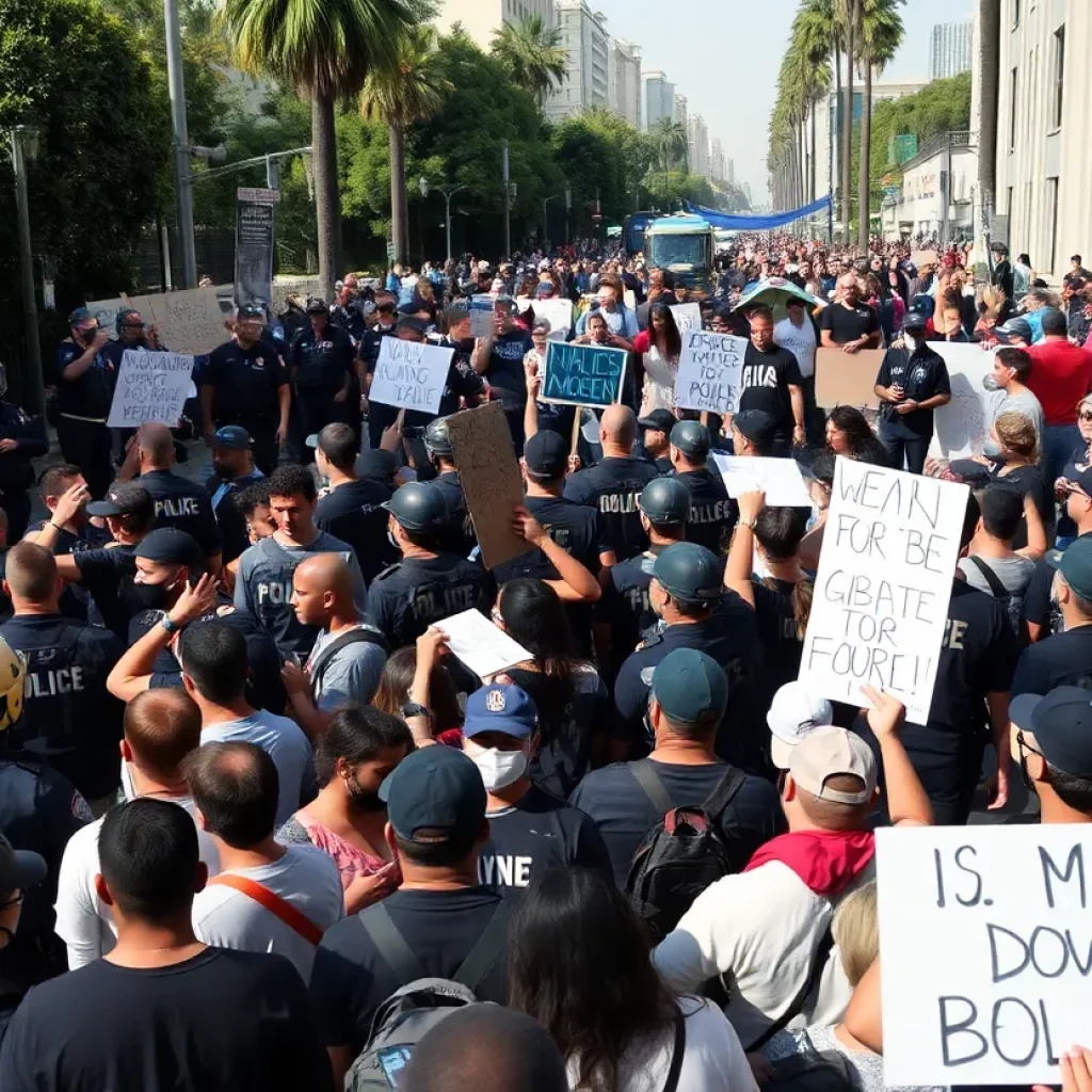 Crowd of protesters in Los Angeles during protests against immigration raids
