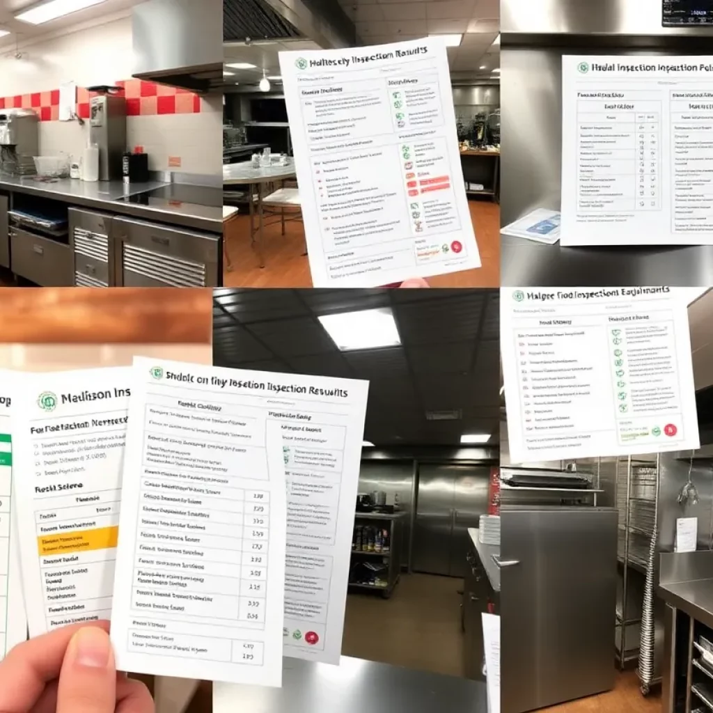 Food safety inspection collage depicting various restaurants with scores and violations.