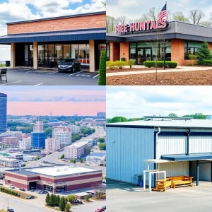 A collage of new businesses in Huntsville area including a restaurant and healthcare facility