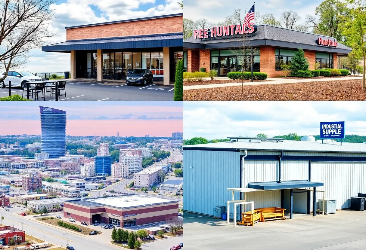 A collage of new businesses in Huntsville area including a restaurant and healthcare facility