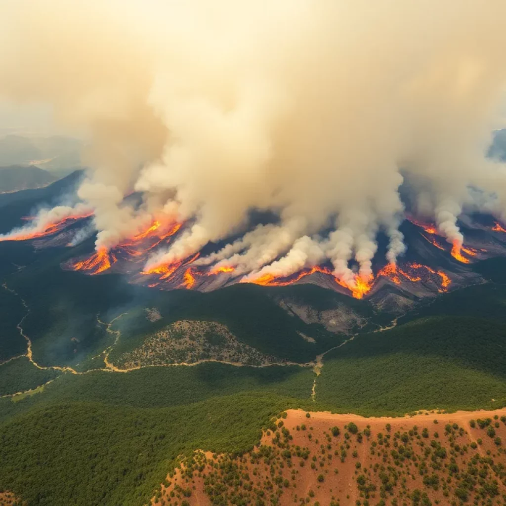 Aerial view of New Mexico wildfires burning large areas with smoke