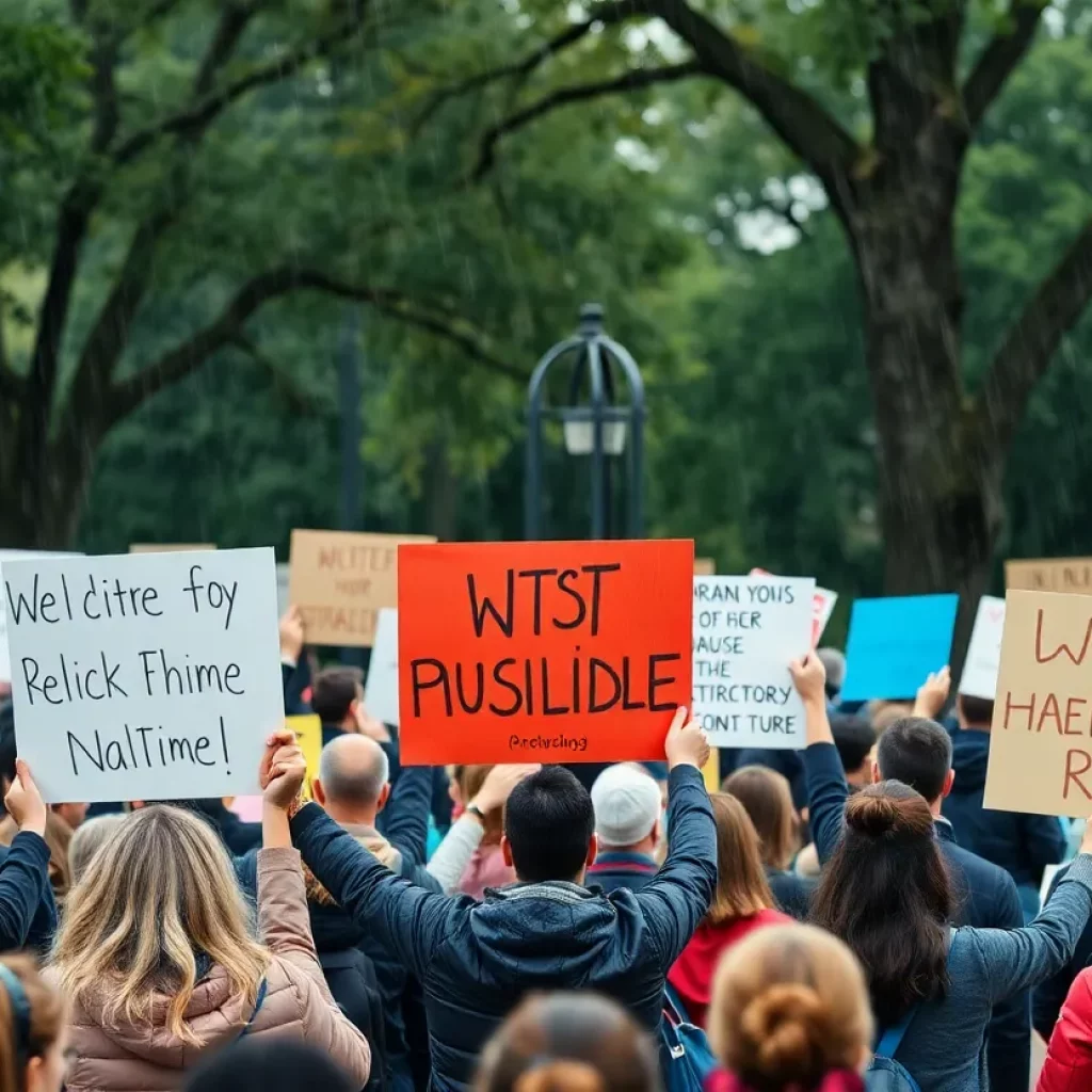 Participants gathering during the No Kings protest in Huntsville, Alabama.