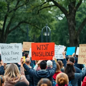 Participants gathering during the No Kings protest in Huntsville, Alabama.