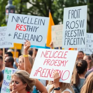 Participants at the No Kings protest in North Alabama holding colorful signs