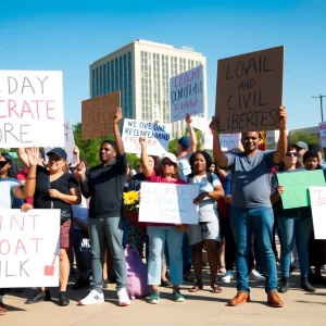Participants of No Kings protests in Alabama holding signs
