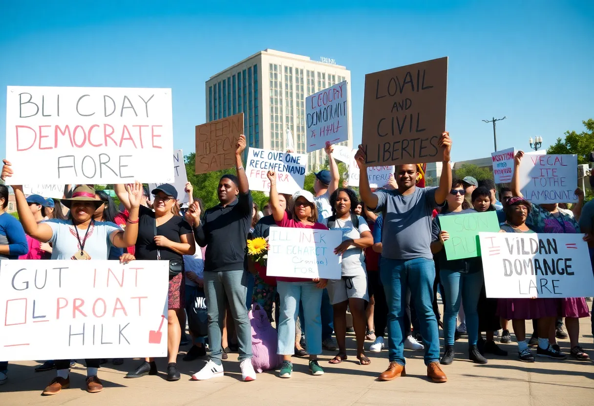 Protesters holding American flags and banners at a No Kings demonstration in Alabama