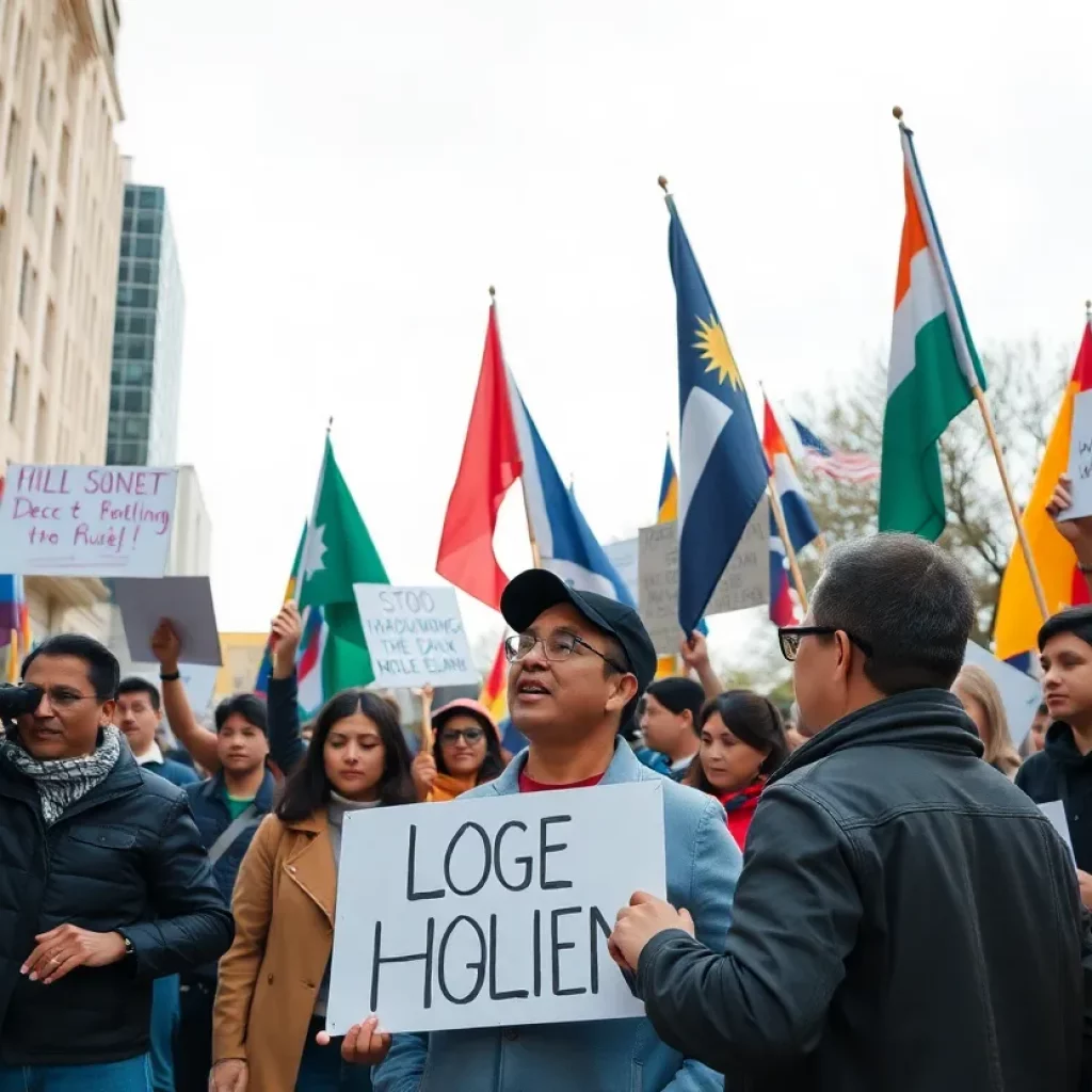 Diverse protesters at a No Kings protest holding signs and flags.