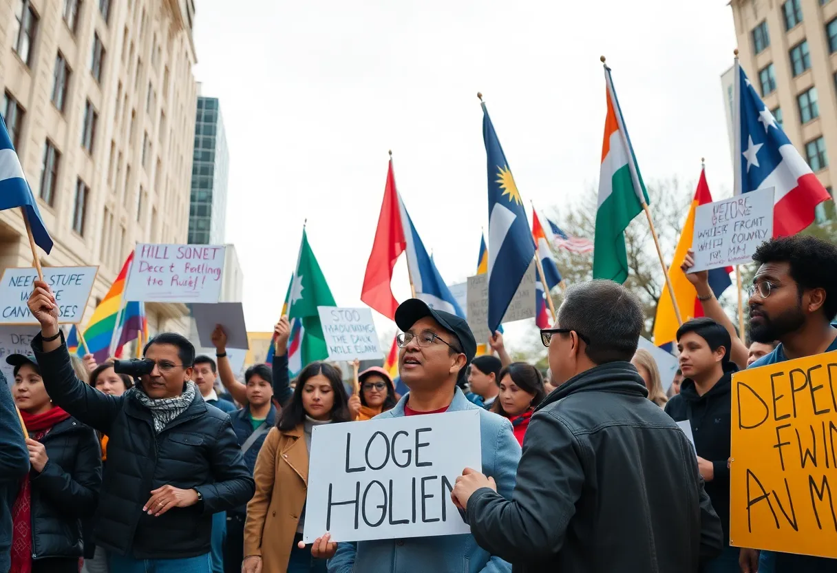 Diverse protesters at a No Kings protest holding signs and flags.