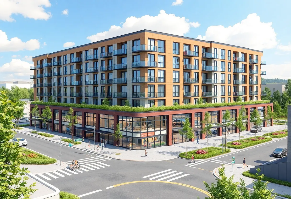 Rendering of North Valley development with apartments and retail spaces