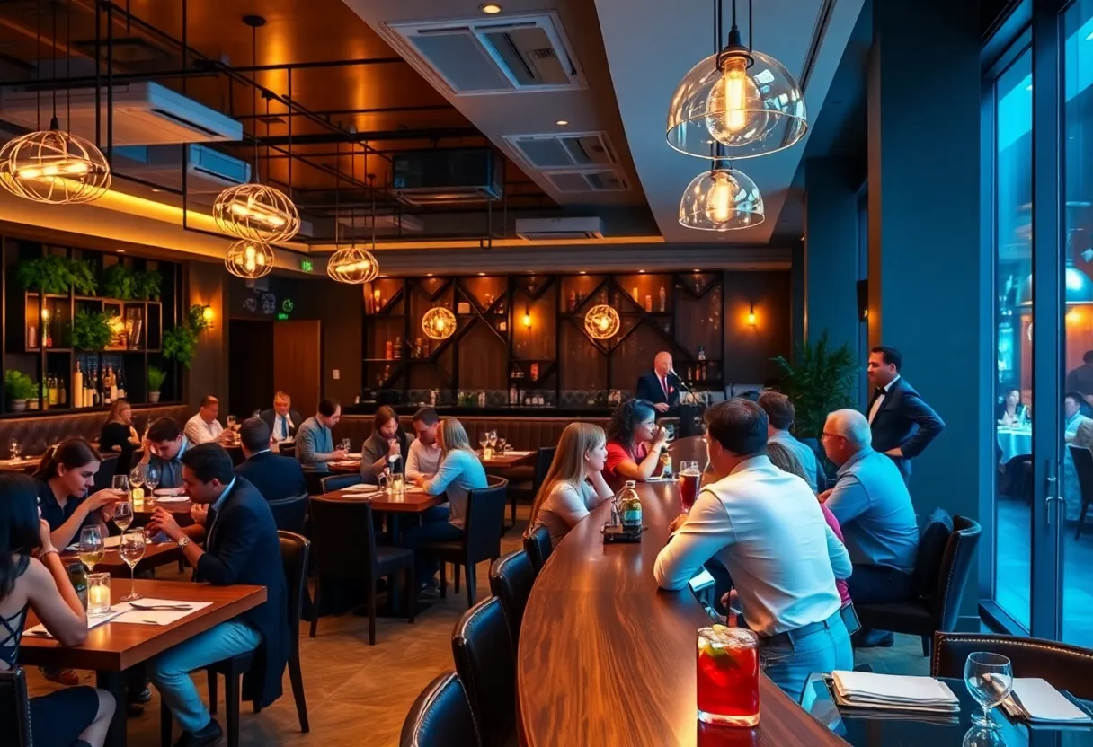 Inside view of the One Eleven Bar & Kitchen restaurant with patrons dining.