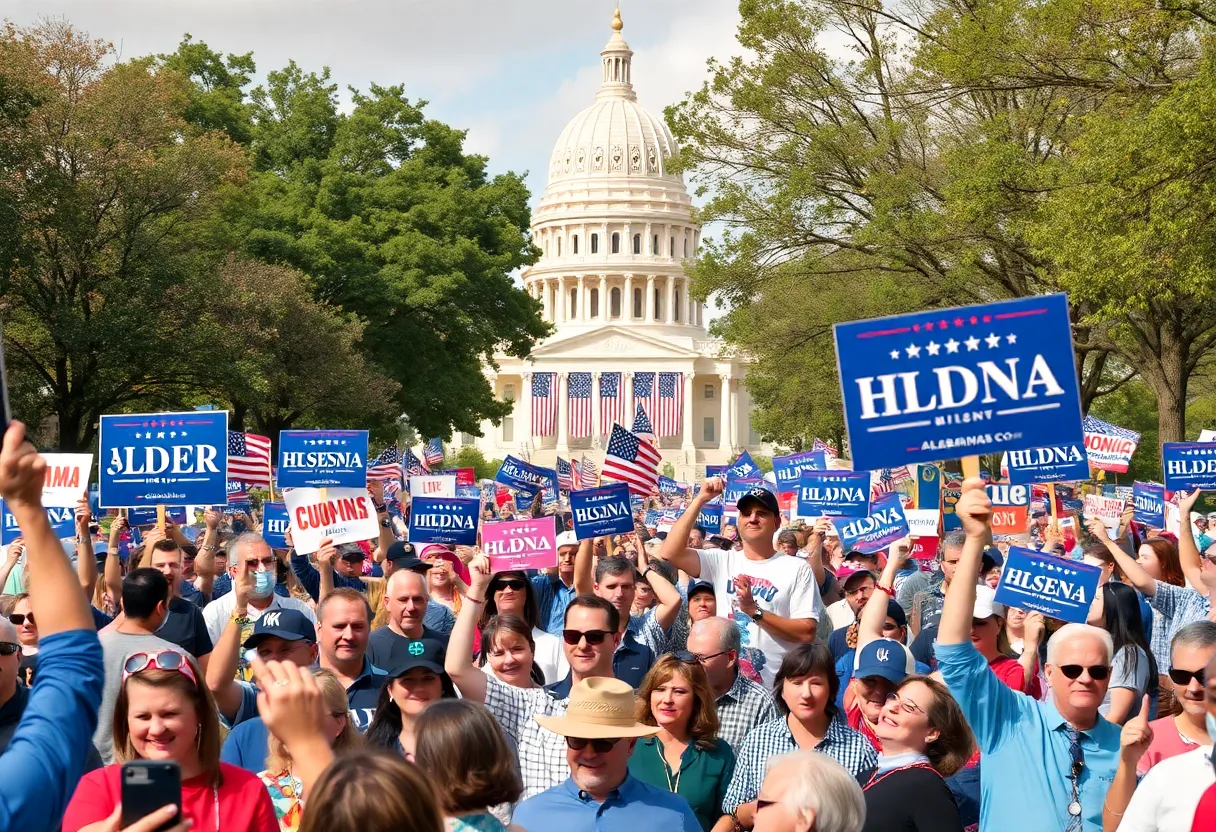 A vibrant political gathering in Alabama with campaign signs.