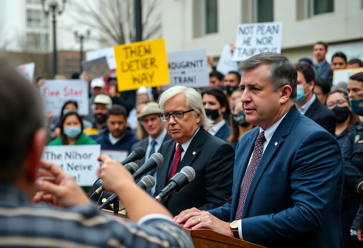 Politicians speaking at a press conference about immigration enforcement with protesters in the background