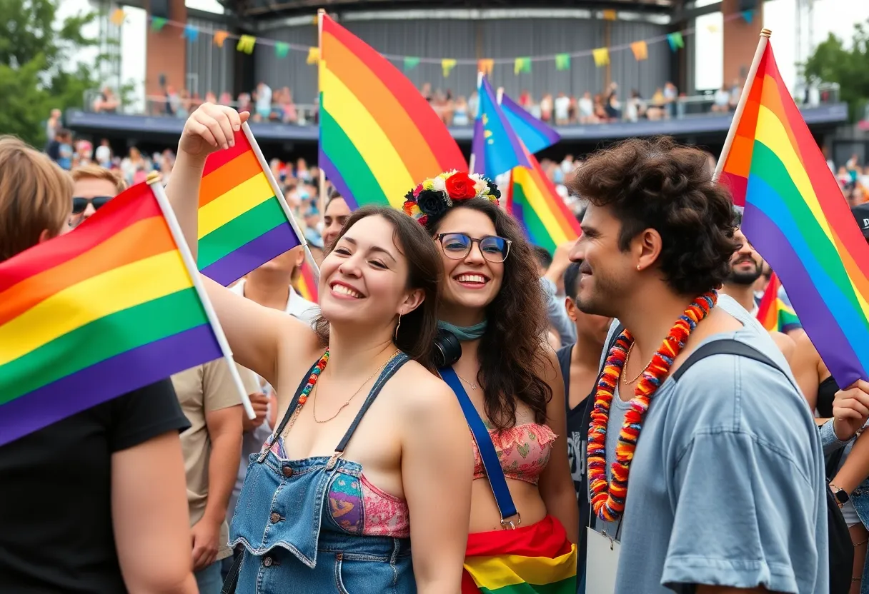 Celebration at Rocket City Pride Festival in Huntsville Alabama with rainbow flags and attendees