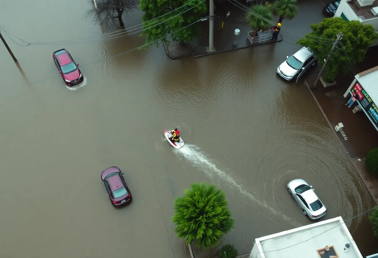 Aerial view of severe flooding in San Antonio with emergency rescue operations