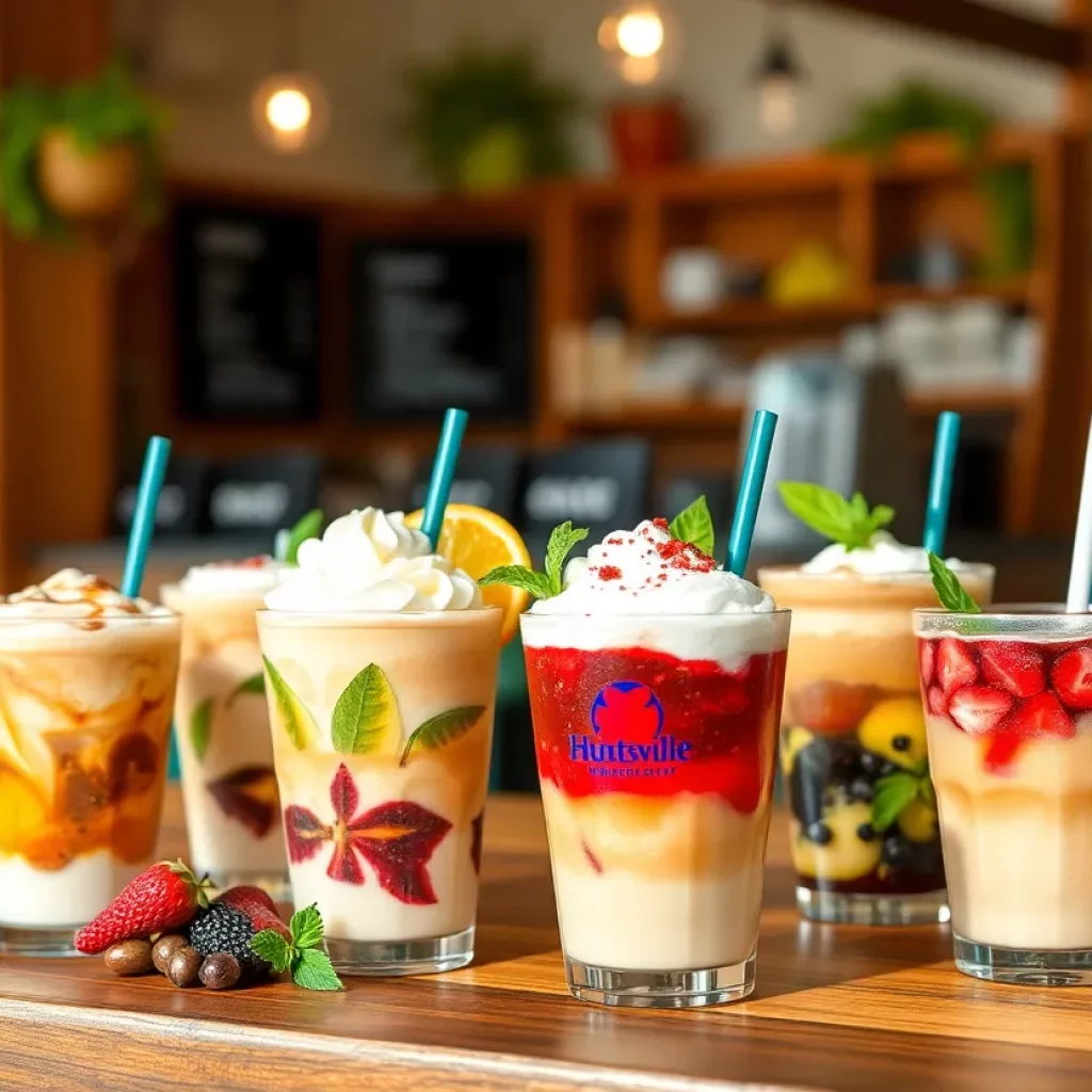 Assorted seasonal drinks from Huntsville coffee shops in a summer setting.
