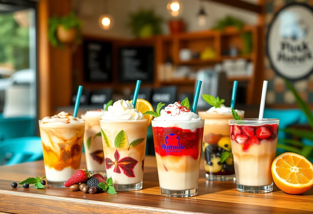 Assorted seasonal drinks from Huntsville coffee shops in a summer setting.