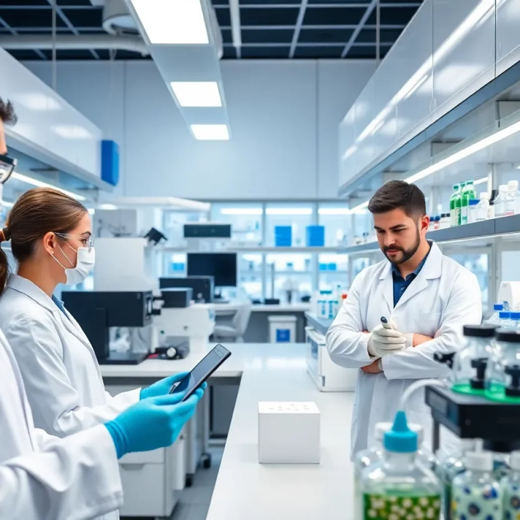 Research scientists in a biotechnology laboratory working on drug development.
