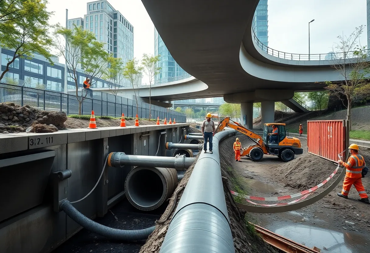 Construction workers upgrading sewer systems in Huntsville.