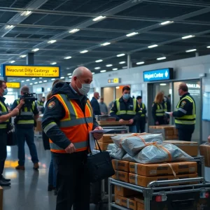 Airport customs officers inspecting packages related to smuggling investigation