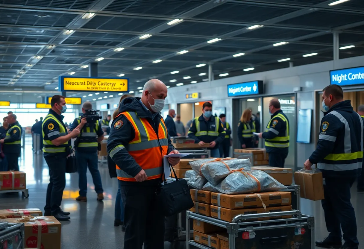 Airport customs officers inspecting packages related to smuggling investigation