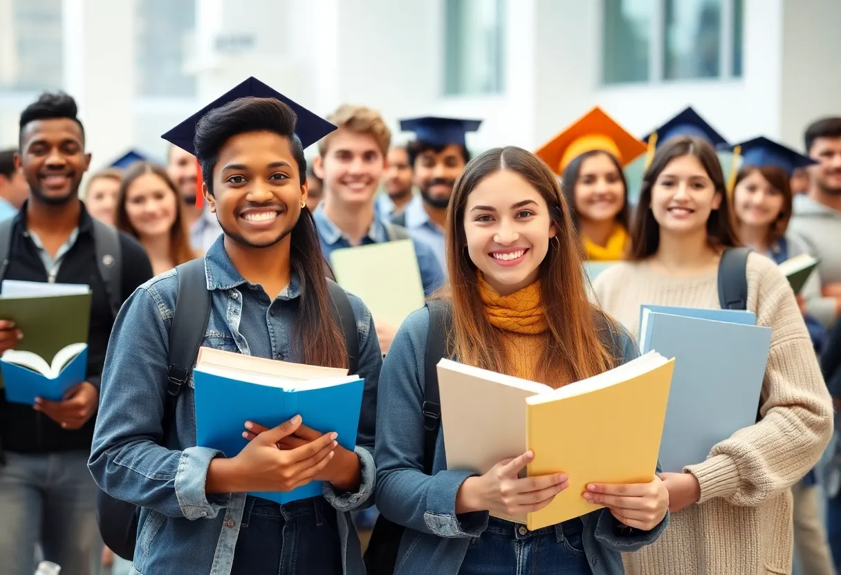 Students celebrating their academic achievements in a school environment.