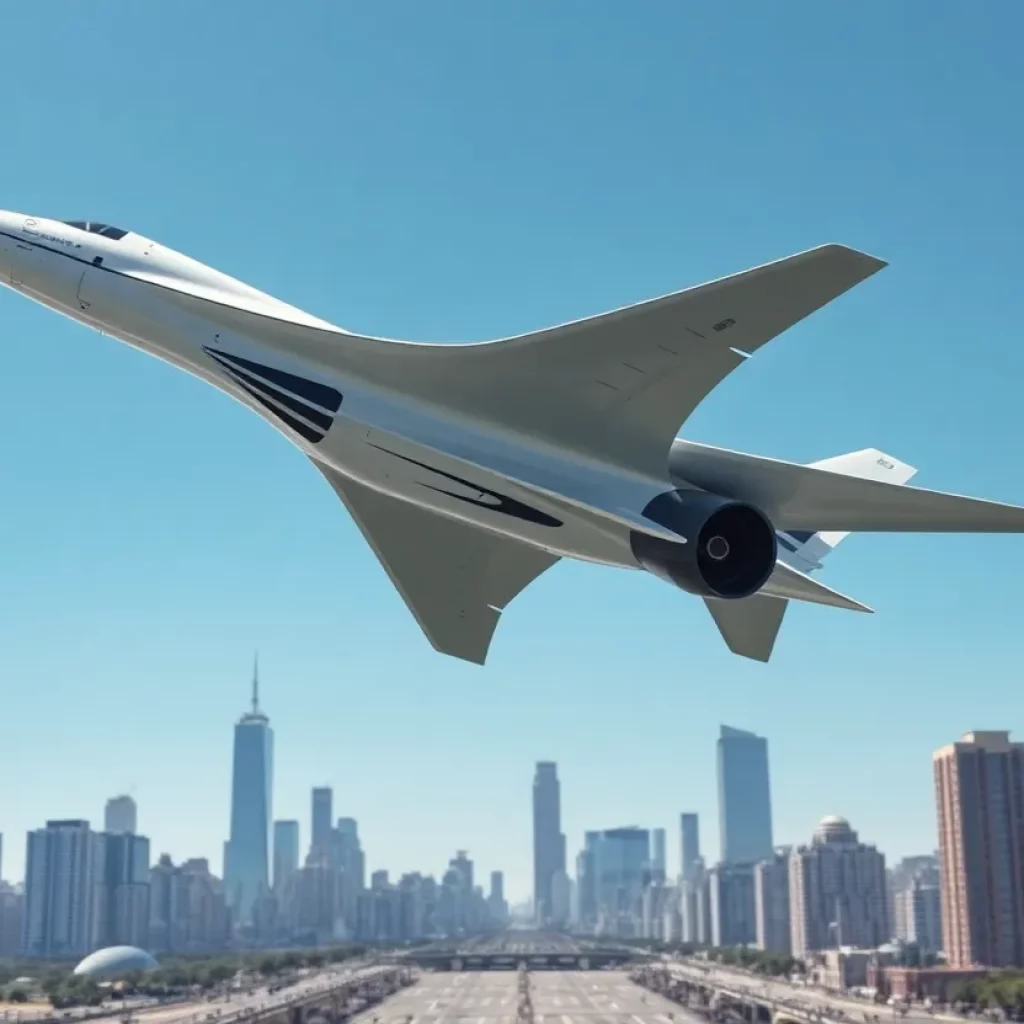 Futuristic supersonic airplane soaring in the sky