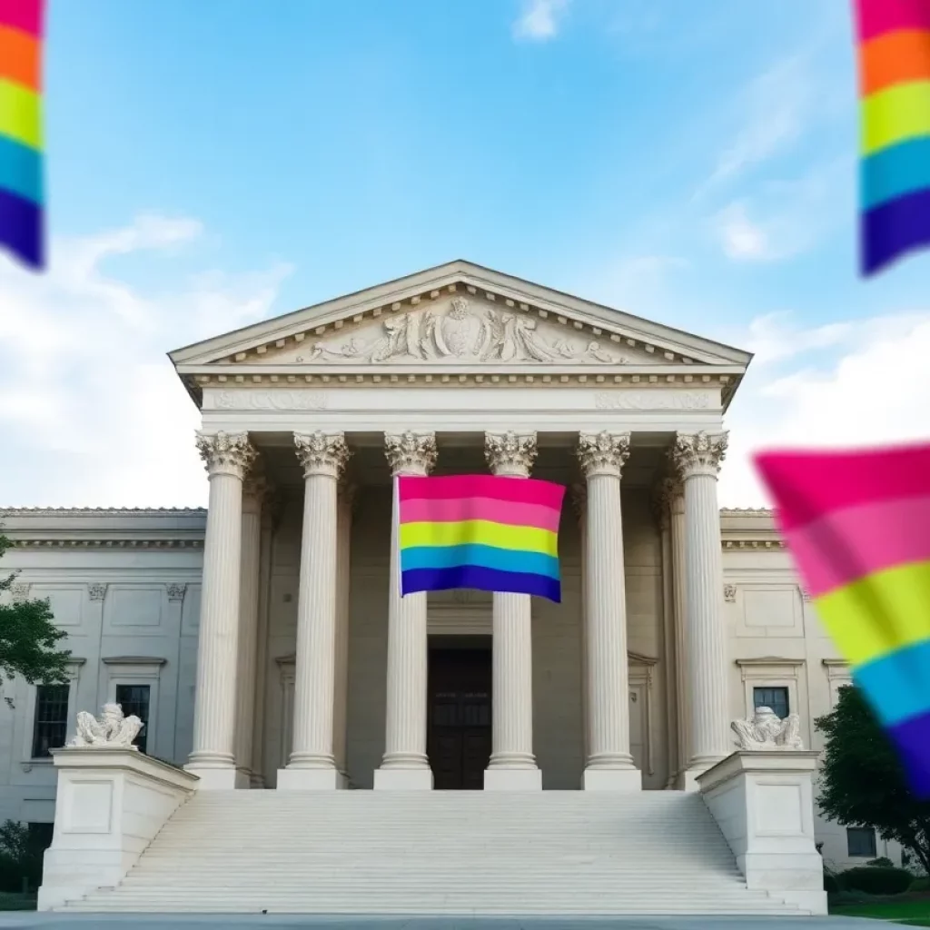 Supreme Court building with transgender pride flags