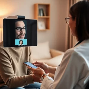 Patient engaging in a telemedicine consultation with a psychiatrist.