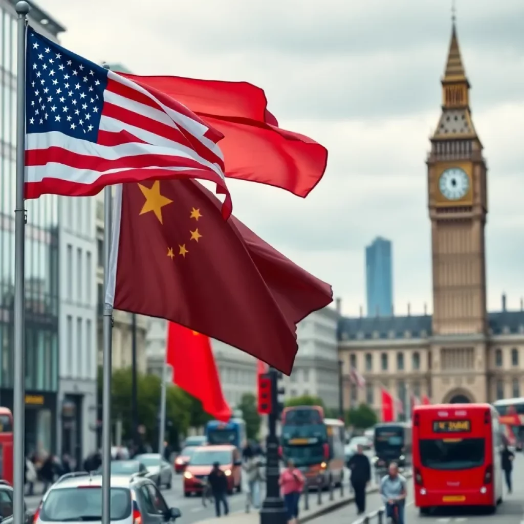 Flags of the U.S. and China in London representing trade negotiations